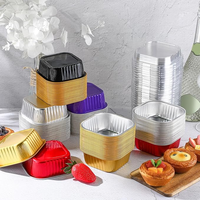 Aoriher 150 Pieces 10 oz Mini Cake Pans with Lids Aluminum Foil Baking Cups Square Disposable 4" x
