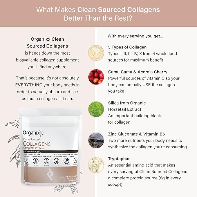 Organixx Collagen Peptides Powder with Vitamin C, Types I, II, III, V, X Hydrolyzed Collagen, Hair