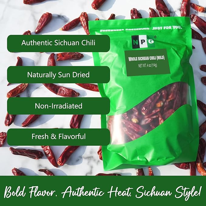 NPG Sichuan Chili Peppers 4 Ounces, Mild, Used in Mexican, Chinese, Thai Dishes, Premium Szechuan