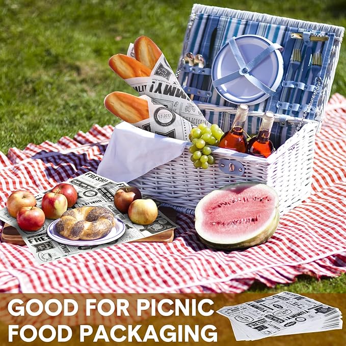Seajan 13x15.8 Inch Newsprint Wax Paper Sheets Newspaper Theme Food Basket Liners Grease Resistant