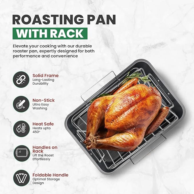 Roasting Pan With Rack 11" x 15" - Non Stick Large Roaster Pan and V-rack with foldable handles