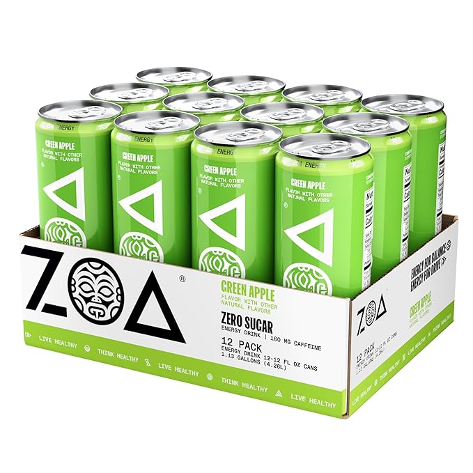 ZOA Zero Sugar Energy Drinks, Green Apple - Sugar Free with Electrolytes, Healthy Vitamin C, Amino