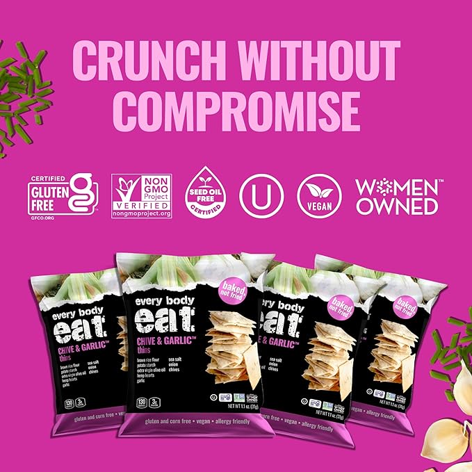 Every Body Eat Snack Thins, Gluten & Dairy Free, Vegan, School Safe Lunch Snacks, Chive & Garlic
