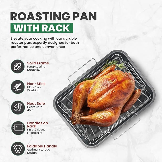 Large Roasting Pan With Rack 12” x 16” - Non Stick Large Roaster Pan and V-Rack With Foldable