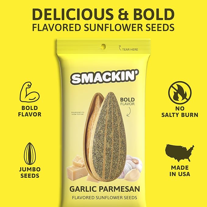SMACKIN' Sunflower Seeds, Roasted Jumbo Small-Batch, American Made - Garlic Parmesan. 1.5oz bags