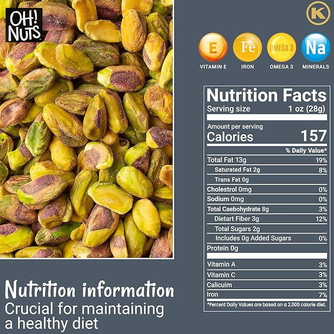 Oh! Nuts Pistachios No Shell - Raw - 100% Natural - 1 lb - Raw Whole California Pistachios - Packed