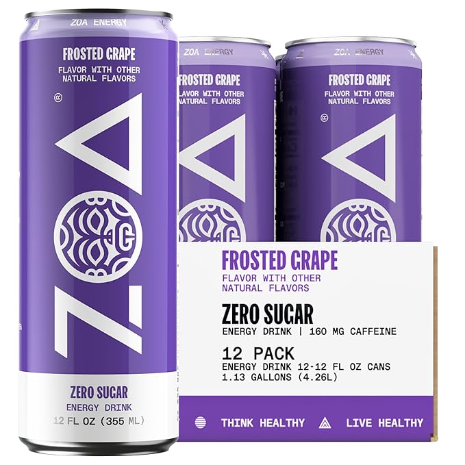 ZOA Zero Sugar Energy Drinks, Frosted Grape - Sugar Free with Electrolytes, Healthy Vitamin C