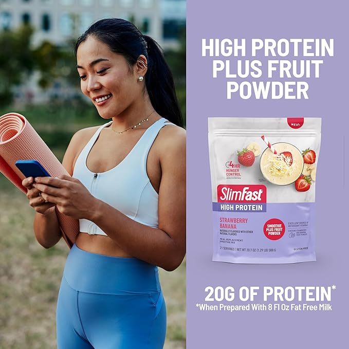 SlimFast High Protein Smoothie Mix Plus Fruit Powder, High Protein Meal Replacement Powder, Fiber