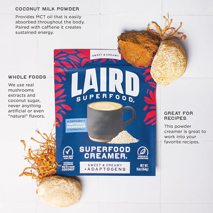 Laird Superfood Non-Dairy Coconut Powder Creamer - Sweet & Creamy + Adaptogens - Superfood Creamer