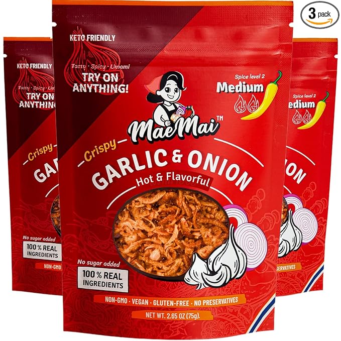 MaeMai Chili Crisp (MEDIUM HOT Spice) - Spicy Umami Onion & Garlic Flakes - All-Purpose Seasoning