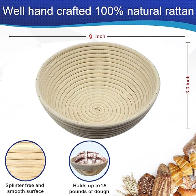 9 Inch Round Bread Banneton Proofing Basket Set of 2 ??Sourdough Proofing basket kit for Artisanal