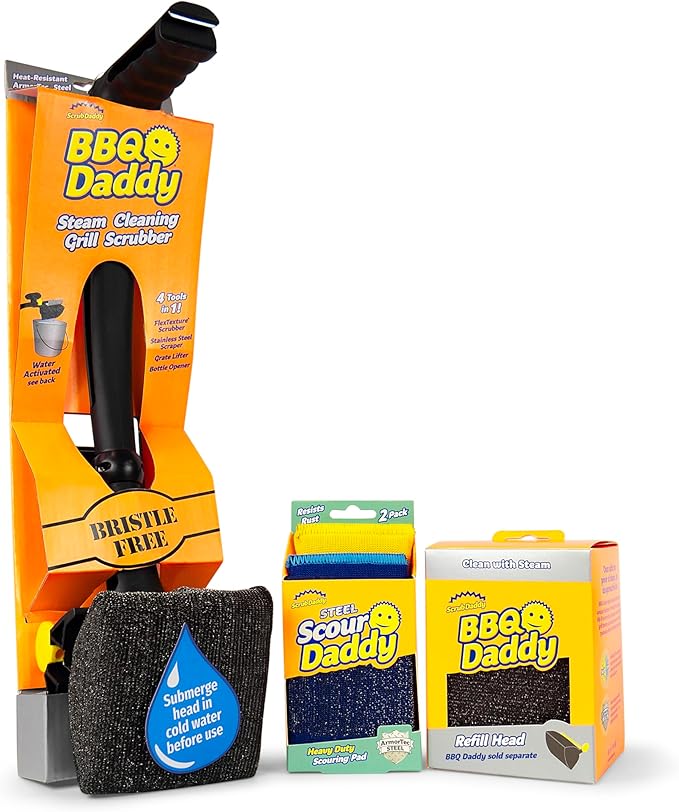 Scrub Daddy BBQ Grill Cleaner Kit - Bristle Free Grill Brush with Refill + Scour Daddy Steel Sponge