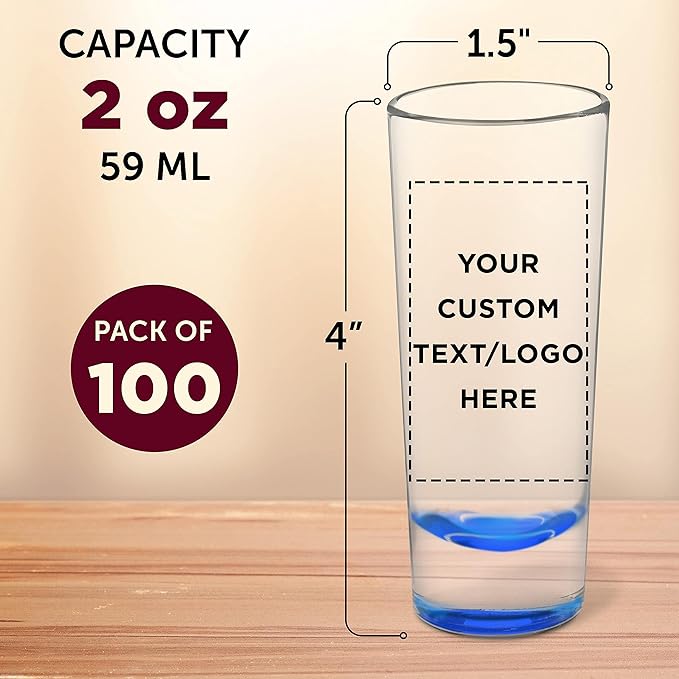 Custom Cordial Shooter Shot Glasses 2 oz. Set of 100, Personalized Bulk Pack - Great for Birthdays