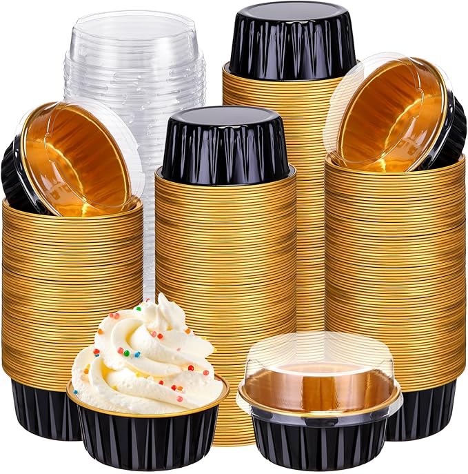 Gejoy 400 Pcs Aluminum Foil Baking Cups with Lids 5 oz Disposable Ramekins Mini Cake Pans Creme