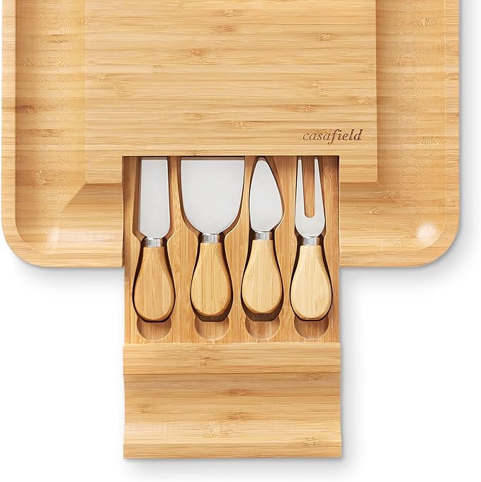 Casafield Bamboo Cheese Board and Knife Gift Set, Wooden Charcuterie Board Meat and Cheese Platter