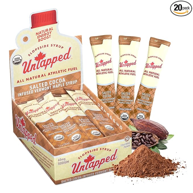 UnTapped Salted Cocoa Infused Vermont Maple Syrup Packets for Athletes, Box of 20-1 fl oz Each |