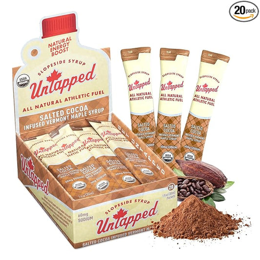 UnTapped Salted Cocoa Infused Vermont Maple Syrup Packets for Athletes, Box of 20-1 fl oz Each |