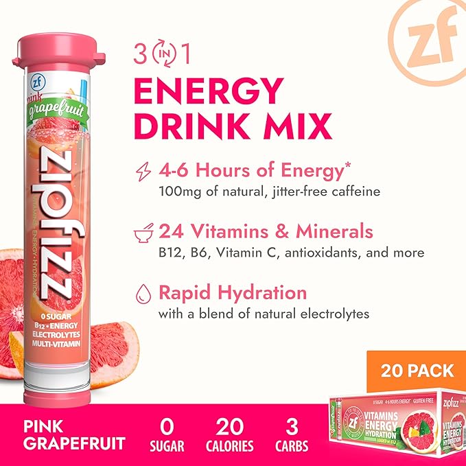 Zipfizz Daily Energy Drink Powder, Pink Grapefruit, 20 Pack | 3-in-1 Sustained Energy, Rapid