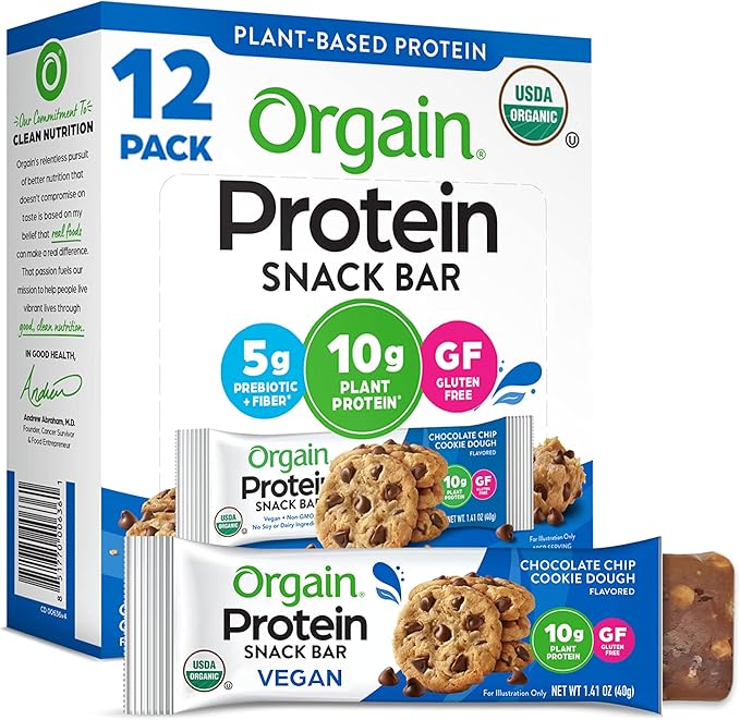 Orgain Organic Vegan Protein Bars, Chocolate Chip Cookie Dough - 10g Plant Based Protein, Low