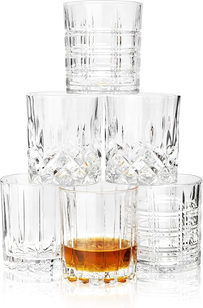 KANARS Whiskey Glasses Mixed, 10 Oz Scotch Glasses Set of 6, Rock Bar Tumblers 3 Patterns in Luxury