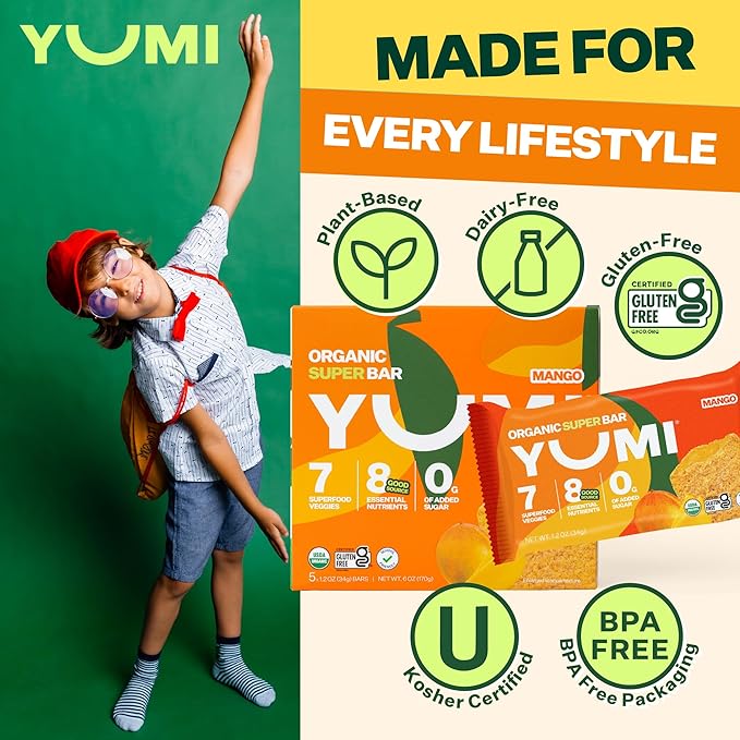 YUMI Organic Breakfast Superbar, Gluten-Free, No Added Sugar, 7+ Vegetables, Soft-Baked Crust