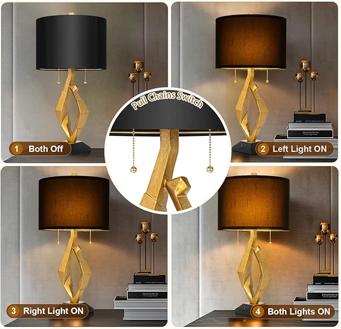 Sculptural Table Lamp Set of 2 with USB Ports For Living Room, Gold Leaf Finish Farmhouse Bedside