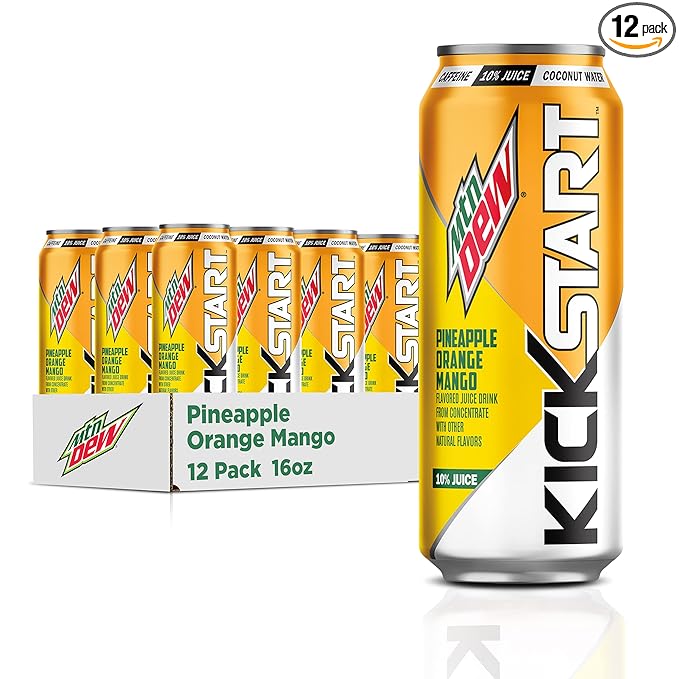 Mountain Dew Kickstart, Pineapple Orange Mango, 90mg Caffeine, Vitamins B & C, 80 Calories, 10%
