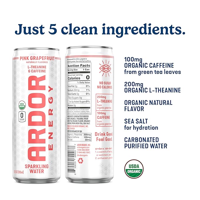 ARDOR ENERGY Sparkling Water with 100mg Natural Caffeine & 200mg L-Theanine from Organic Green Tea