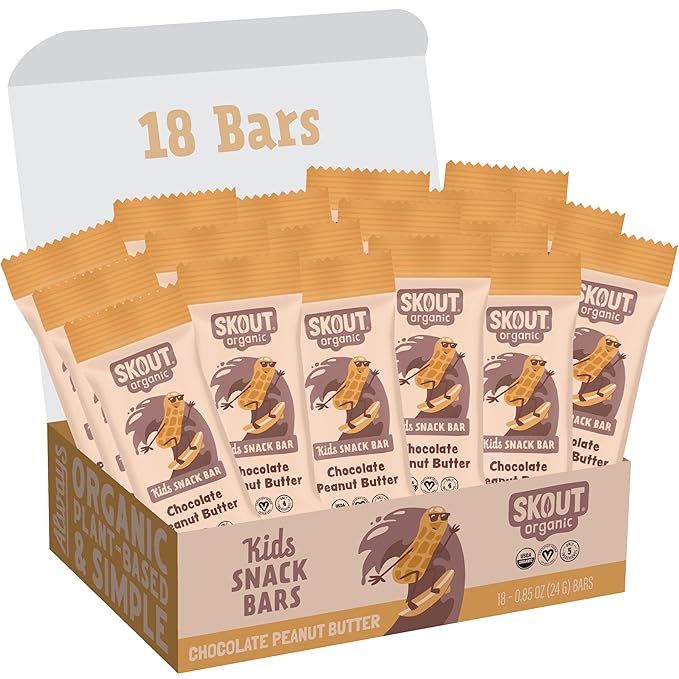 Skout Organic Chocolate Peanut Butter Kids Snack Bars (18 Pack) | Organic Kids Snack Bars | School