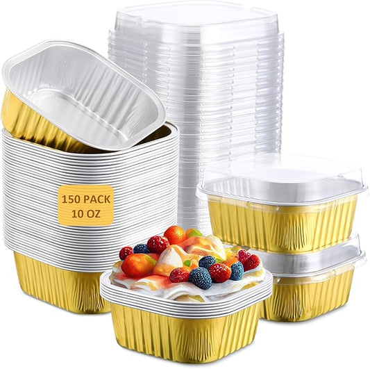 Aoriher 150 Pieces 10 oz Mini Cake Pans with Lids Aluminum Foil Baking Cups Square Disposable 4" x