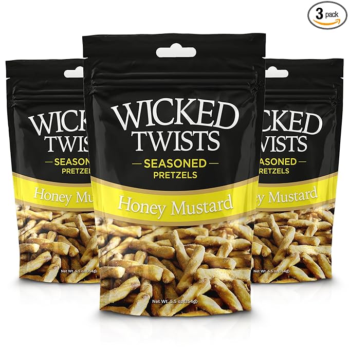 Wicked Twists Honey Mustard Seasoned Pretzels Twists 5.5 oz (3 Pack) Snack Pretzel Sticks Rods