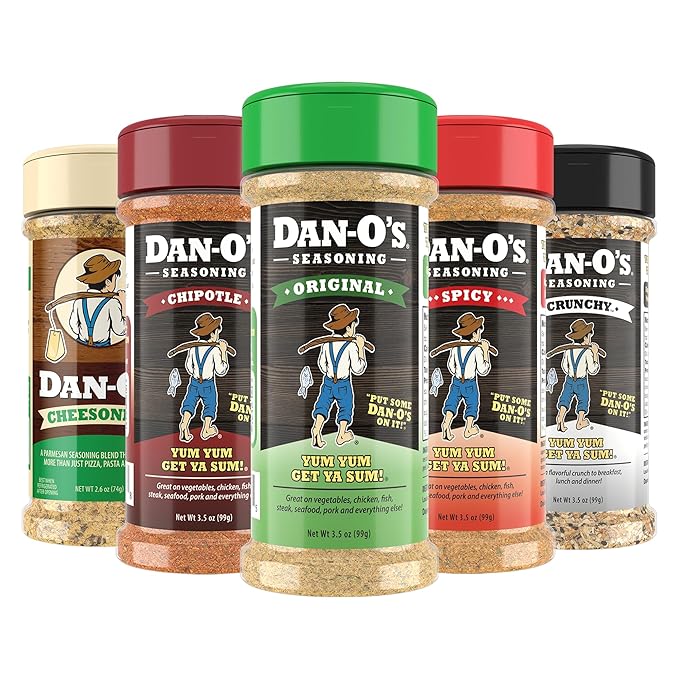 Dan-O's 5 Bottle Seasoning Set, Small Bottles, 5 Pack, Includes Original, Spicy, Chipotle, Crunchy