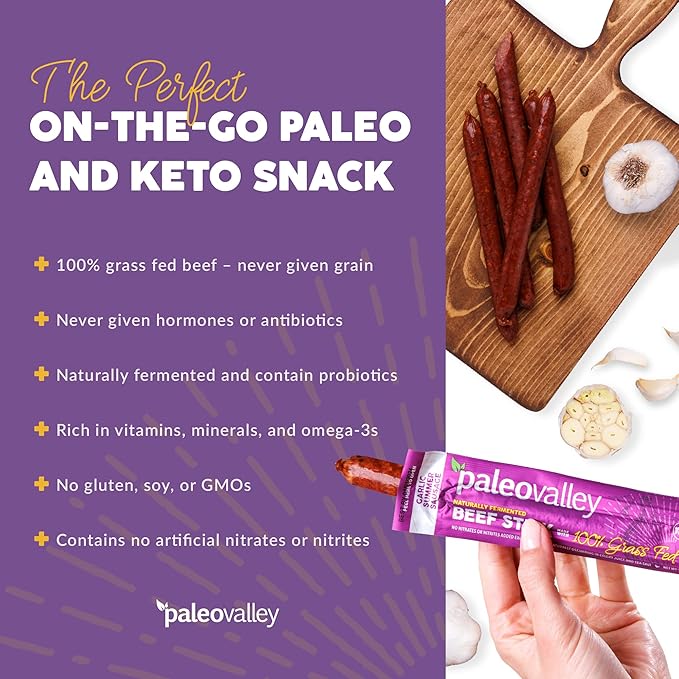 Paleovalley 100% Grass Fed Garlic Summer Sausage Beef Sticks - Delicious Gluten Free Beef Snack