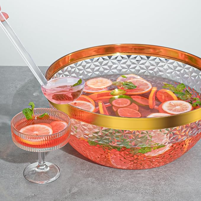 NiHome Plastic Punch Bowl with Ladle and Tong for Parties, Weddings, BBQs, 1.4 Gallon Gold Trim