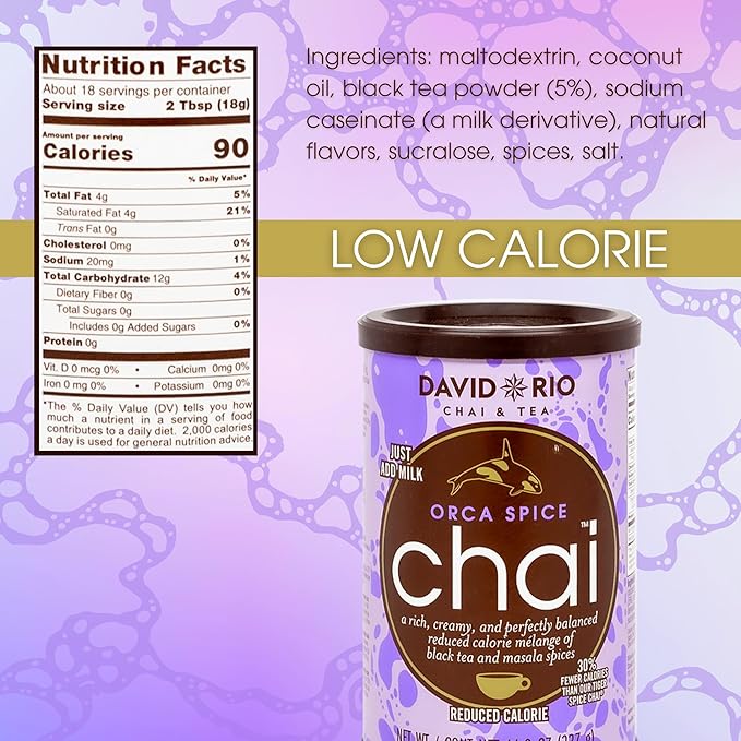 Orca Spice Reduced Calorie Chai Tea Latte Mix, 11.9 Oz, Black Tea, Organic Spices, Sugar Free