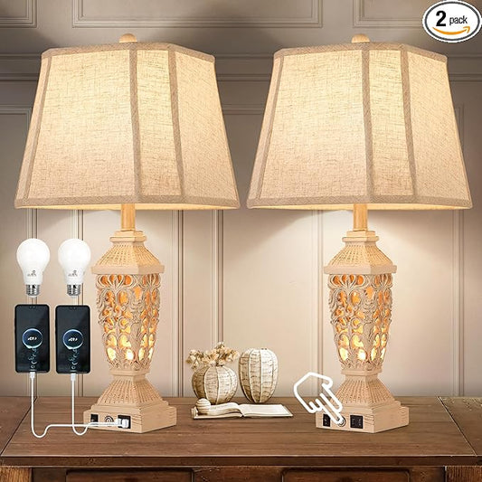 AIDENOEY Farmhouses Table Lamp with USB & USB-C Charging Ports, 3-Color Dimmable & Stepless Bottom