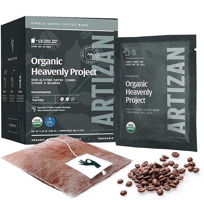 Artizan Organic Single-Serve Heavenly Project Swiss Water Decaf Coffee Bags | Full City Plus Roast