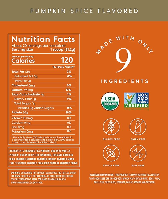 Truvani Vegan Pea Protein Powder | Pumpkin Spice | 20g Organic Plant Based Protein | 20 Servings |