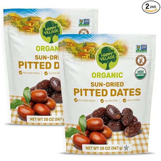 Happy Village Organic Dates Pitted, No Sugar Added Dried Dates Fruit, 40 OZ (2 Packs of 20 OZ)