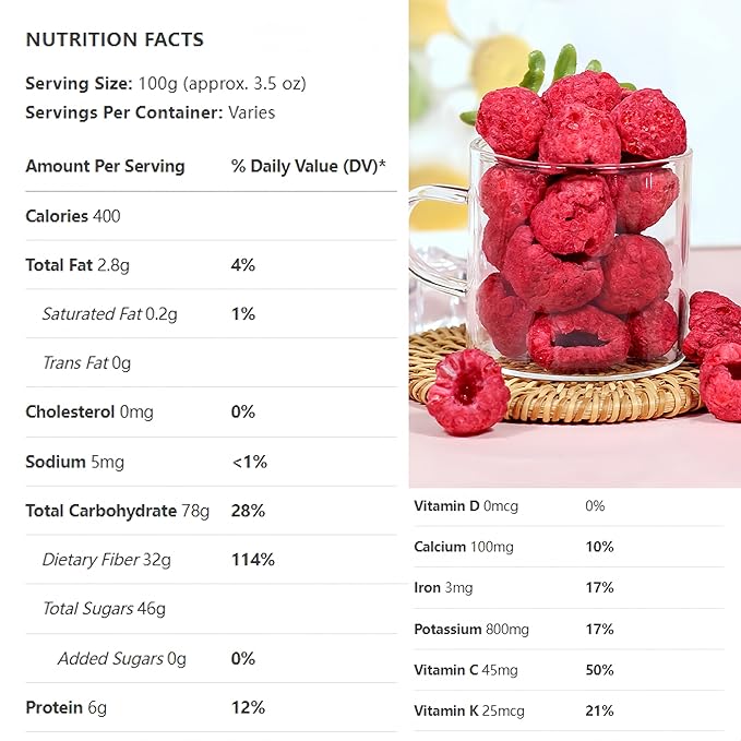 Premium Freeze-Dried Raspberries 4oz (110g) - Whole Berry Crunch, No Sugar Added | Perfect for