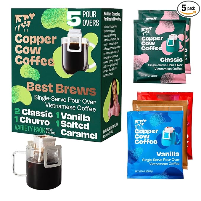 Copper Cow Premium Pour Over Single-Serve Vietnamese Coffee | Best Brews Variety Pack (Includes 5