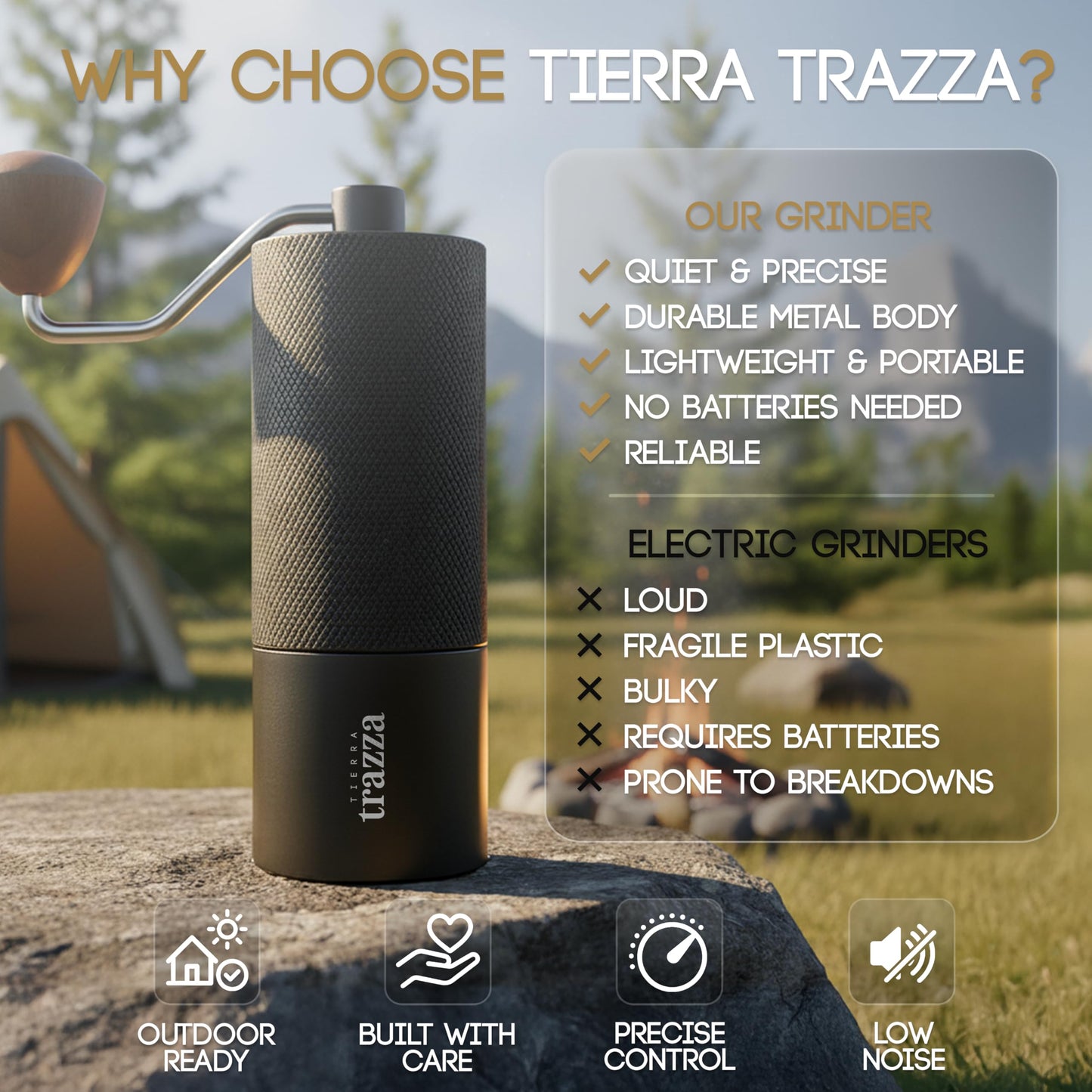Tierra Trazza Manual Coffee Grinder, Conical Burr Coffee Grinder with Stainless Steel Burrs &