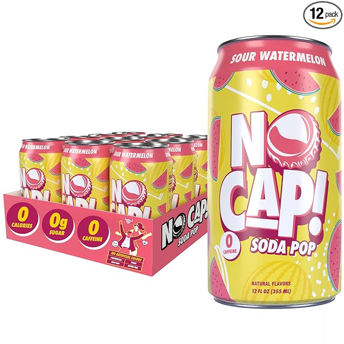 No Cap! Sour Watermelon, Postbiotic Soda, Healthy Soda Alternative, Zero Sugar, Zero Calorie