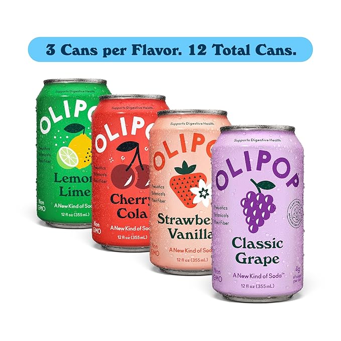 OLIPOP Prebiotic Soda Pop, Fruity Fun Variety, Pantry Pack Packed with Prebiotics, Fiber, and