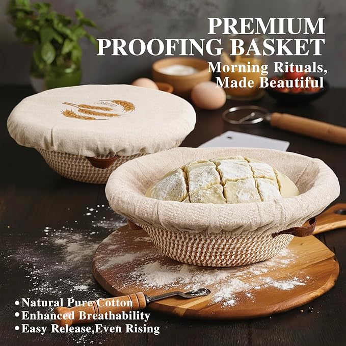12 Inch Large Cotton Rope Banneton Bread Proofing Basket Set, 2 Pack Round Sourdough Bread Baking