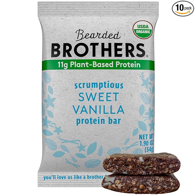 Bearded Brothers Organic Protein Bars, Vanilla (10 Pack) - 11g of Plant Based Protein Gluten Free