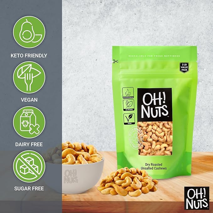 Oh! Nuts Cashews Roasted Unsalted - 2 lb - Dry Roasted Unsalted Cashews - Packed in New York