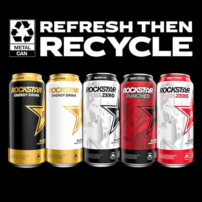 Rockstar Pure Zero Energy Drink, Fruit Punch, 0 Sugar, with Caffeine and Taurine, 16oz Cans (12