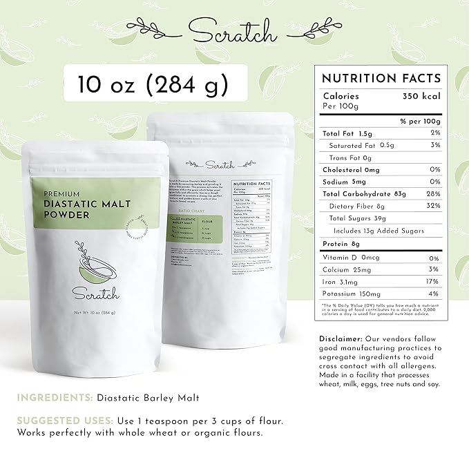 Scratch Diastatic Malt Powder for Baking - (10oz) Dried Barley Malt for Baking Bread - Bread