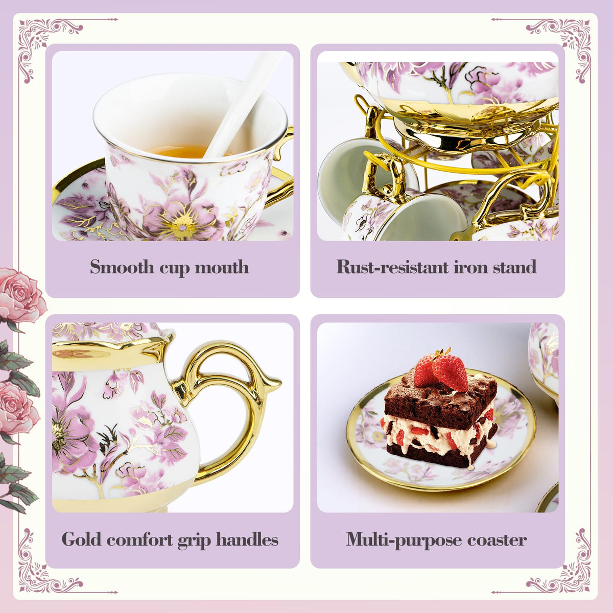 Hebaogugu 20 Pcs Porcelain Tea Set with Metal Holder, European Ceramic Tea Set for Adults, Adult